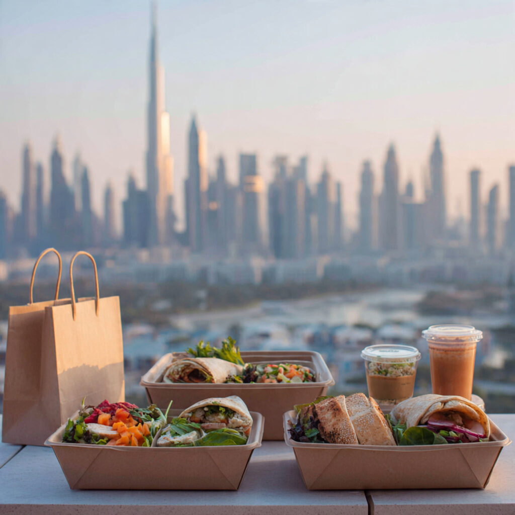 dubai city skyline with healthy meal boxes